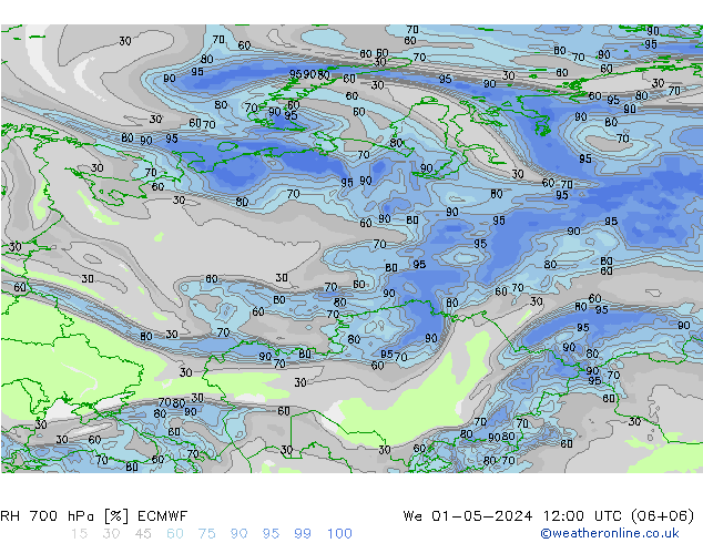 700 hPa Nispi Nem ECMWF Çar 01.05.2024 12 UTC