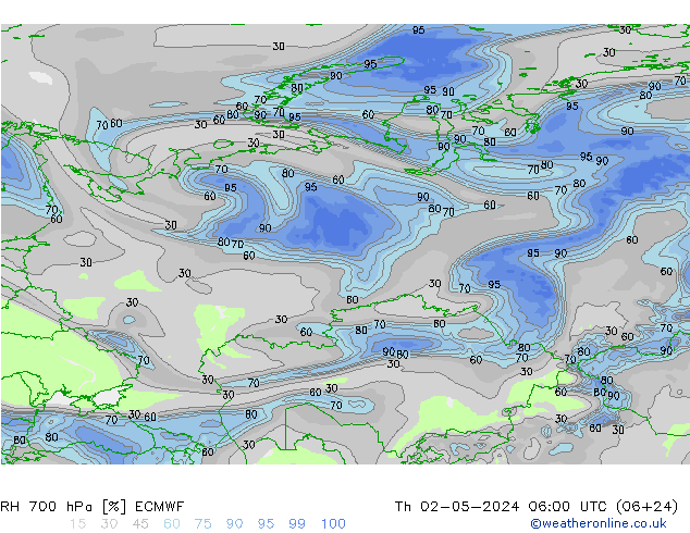 RH 700 hPa ECMWF Th 02.05.2024 06 UTC