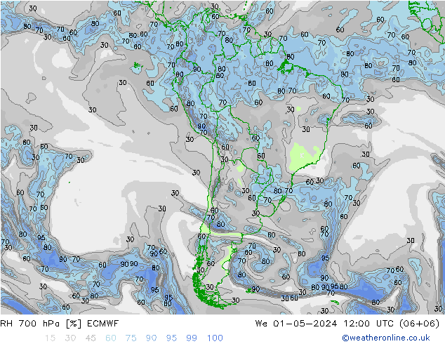 RH 700 hPa ECMWF śro. 01.05.2024 12 UTC