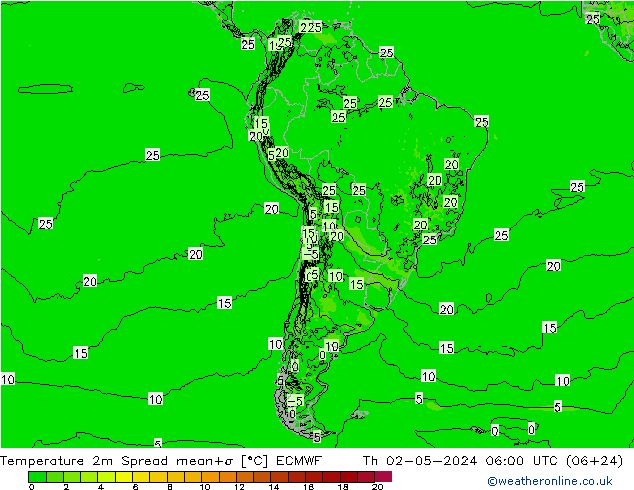 Temperature 2m Spread ECMWF Th 02.05.2024 06 UTC