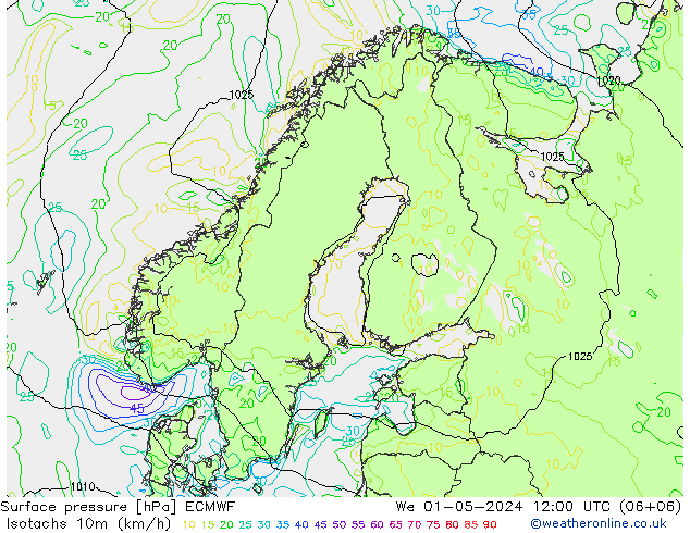 Isotaca (kph) ECMWF mié 01.05.2024 12 UTC