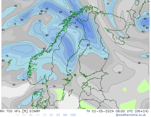 RH 700 hPa ECMWF czw. 02.05.2024 06 UTC