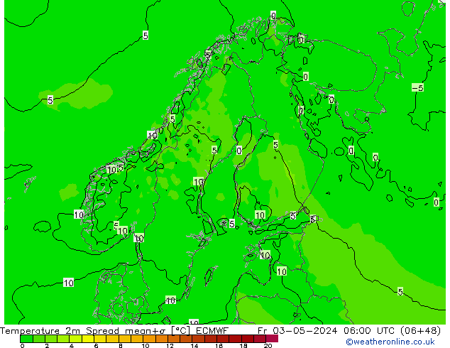 température 2m Spread ECMWF ven 03.05.2024 06 UTC