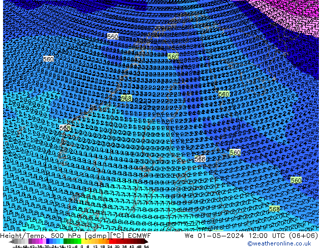 Height/Temp. 500 hPa ECMWF Mi 01.05.2024 12 UTC