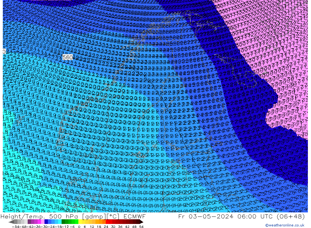 Geop./Temp. 500 hPa ECMWF vie 03.05.2024 06 UTC