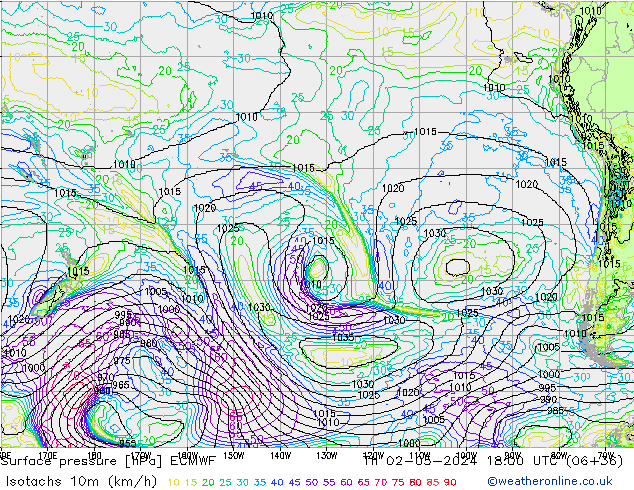 Izotacha (km/godz) ECMWF czw. 02.05.2024 18 UTC