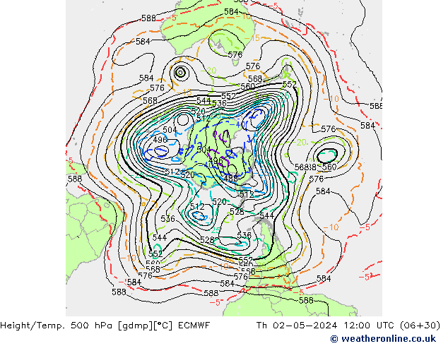 Height/Temp. 500 hPa ECMWF Th 02.05.2024 12 UTC