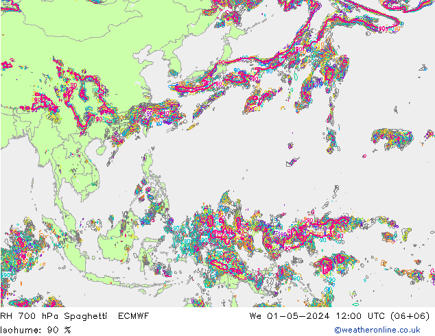 RH 700 hPa Spaghetti ECMWF Qua 01.05.2024 12 UTC