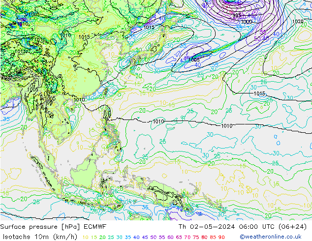 Isotachen (km/h) ECMWF do 02.05.2024 06 UTC