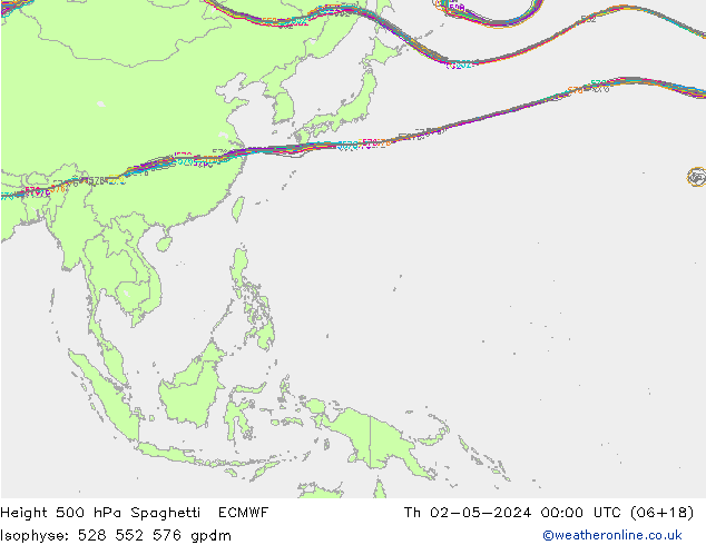 Height 500 hPa Spaghetti ECMWF Th 02.05.2024 00 UTC