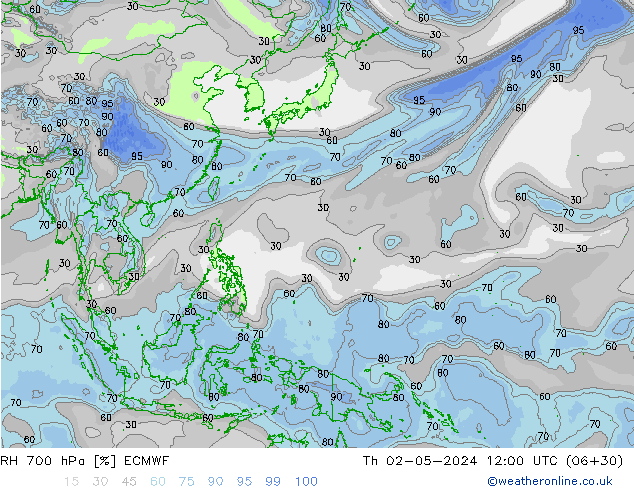 RH 700 hPa ECMWF Čt 02.05.2024 12 UTC