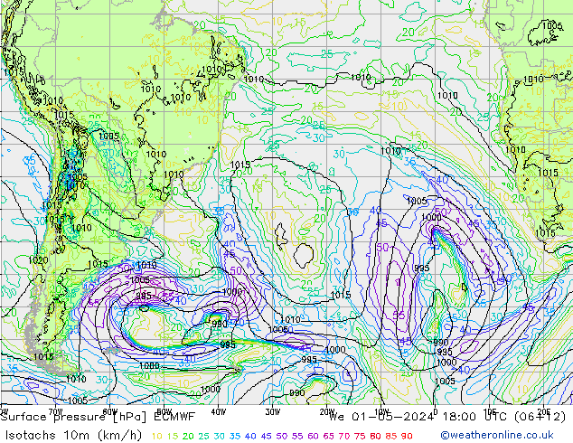 Isotachs (kph) ECMWF  01.05.2024 18 UTC