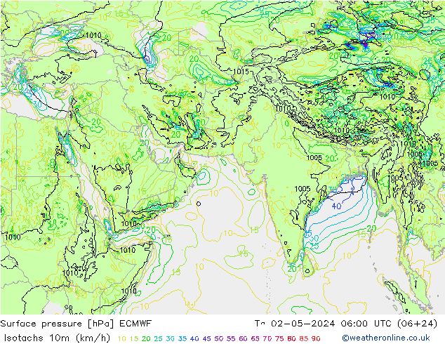 Isotachen (km/h) ECMWF do 02.05.2024 06 UTC