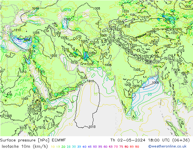 Isotachs (kph) ECMWF Čt 02.05.2024 18 UTC