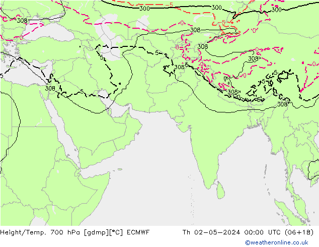 Height/Temp. 700 hPa ECMWF Qui 02.05.2024 00 UTC