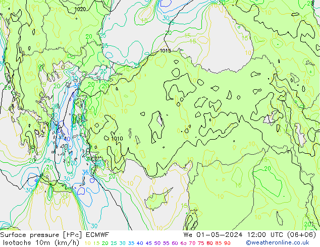 Isotachs (kph) ECMWF We 01.05.2024 12 UTC