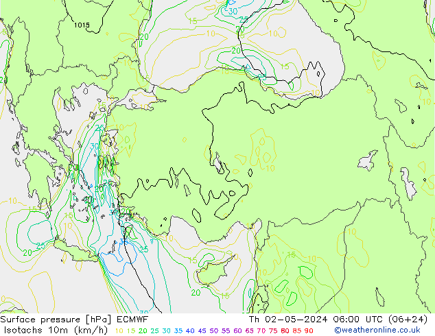 Isotaca (kph) ECMWF jue 02.05.2024 06 UTC