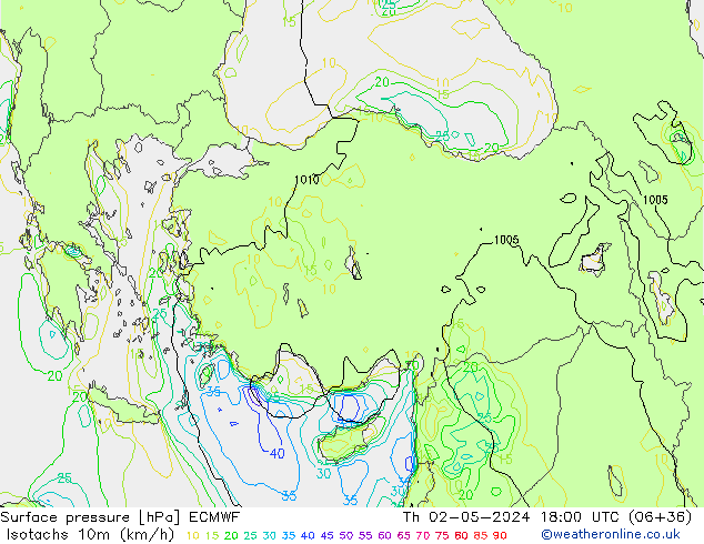 Isotachs (kph) ECMWF Qui 02.05.2024 18 UTC