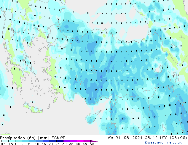 Totale neerslag (6h) ECMWF wo 01.05.2024 12 UTC