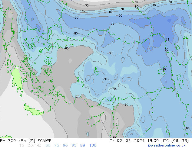 RH 700 гПа ECMWF чт 02.05.2024 18 UTC