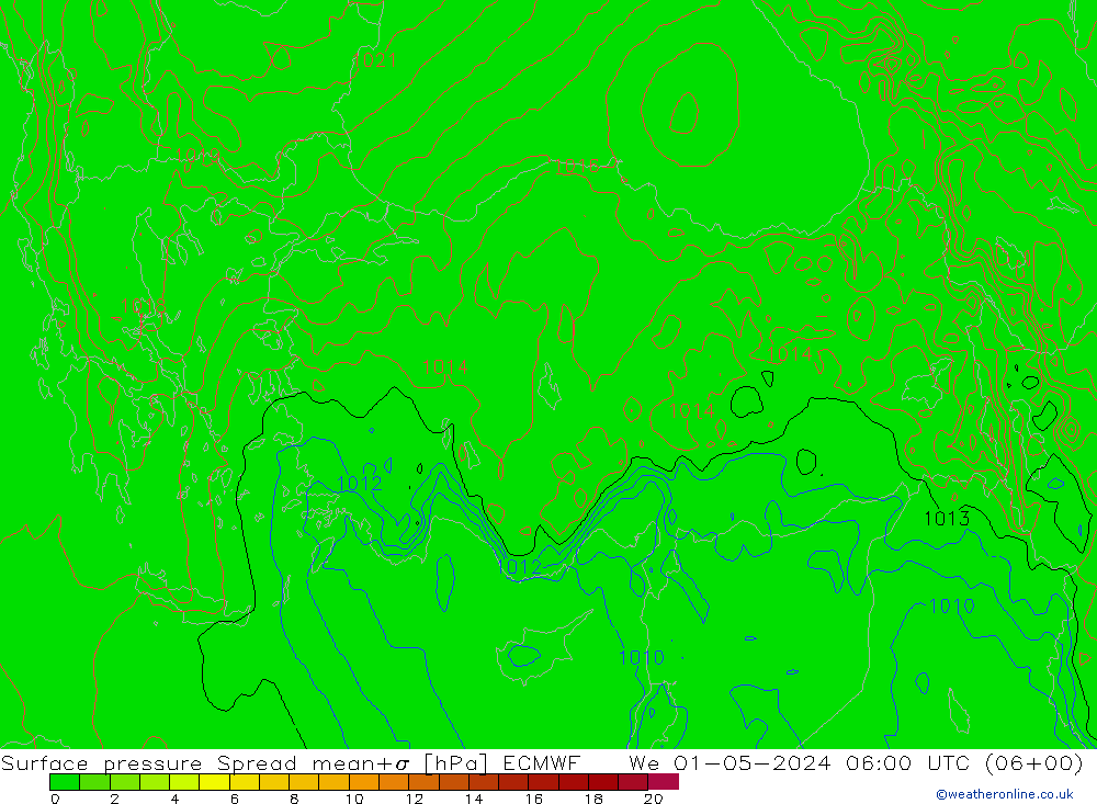 Luchtdruk op zeeniveau Spread ECMWF wo 01.05.2024 06 UTC