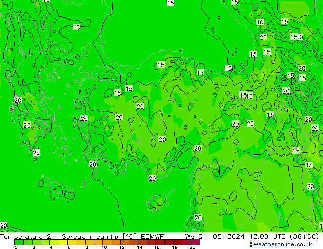 Temperature 2m Spread ECMWF We 01.05.2024 12 UTC