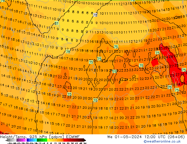 Height/Temp. 925 hPa ECMWF We 01.05.2024 12 UTC