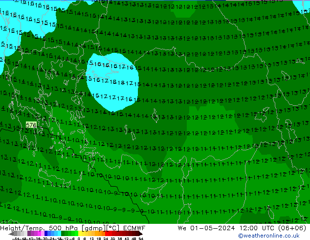 Yükseklik/Sıc. 500 hPa ECMWF Çar 01.05.2024 12 UTC