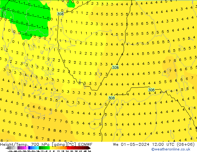 Hoogte/Temp. 700 hPa ECMWF wo 01.05.2024 12 UTC