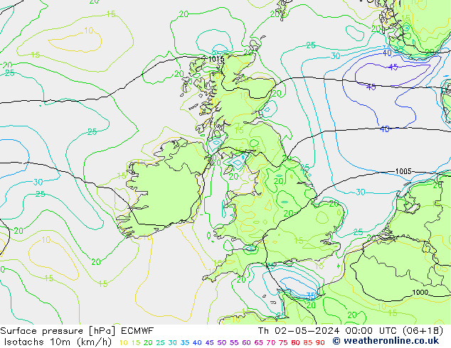 Isotachs (kph) ECMWF Qui 02.05.2024 00 UTC