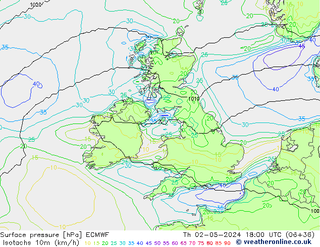 Isotachs (kph) ECMWF Th 02.05.2024 18 UTC