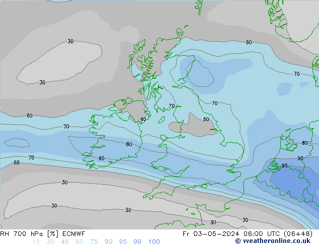 Humedad rel. 700hPa ECMWF vie 03.05.2024 06 UTC