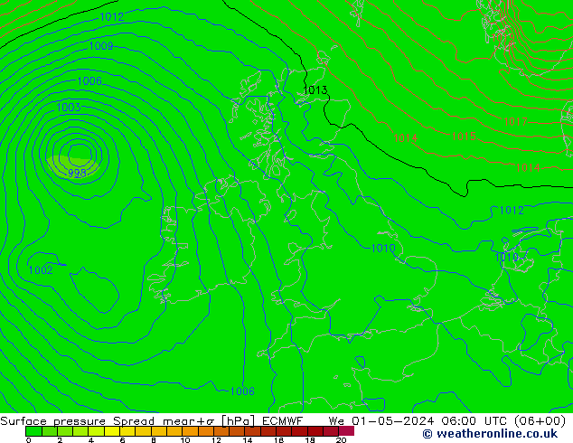 Surface pressure Spread ECMWF We 01.05.2024 06 UTC