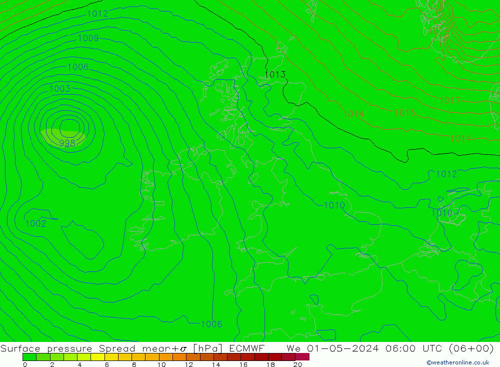 Surface pressure Spread ECMWF We 01.05.2024 06 UTC