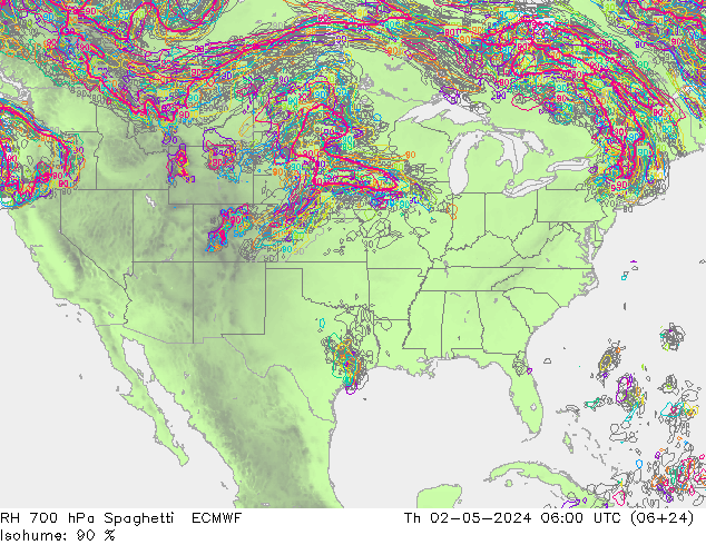 RH 700 hPa Spaghetti ECMWF czw. 02.05.2024 06 UTC