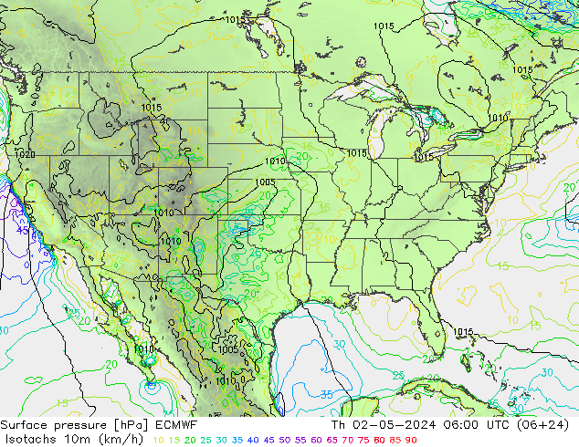 Isotachs (kph) ECMWF gio 02.05.2024 06 UTC