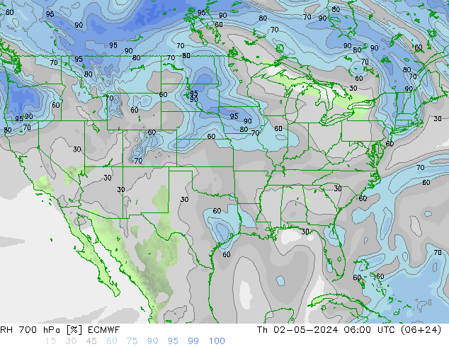 RH 700 hPa ECMWF czw. 02.05.2024 06 UTC