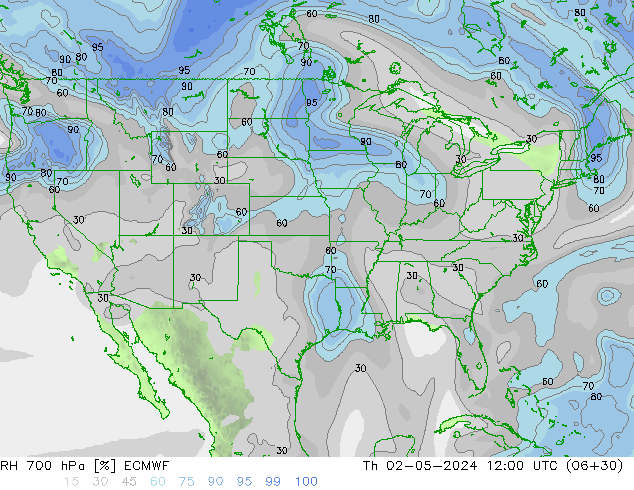 RH 700 hPa ECMWF gio 02.05.2024 12 UTC