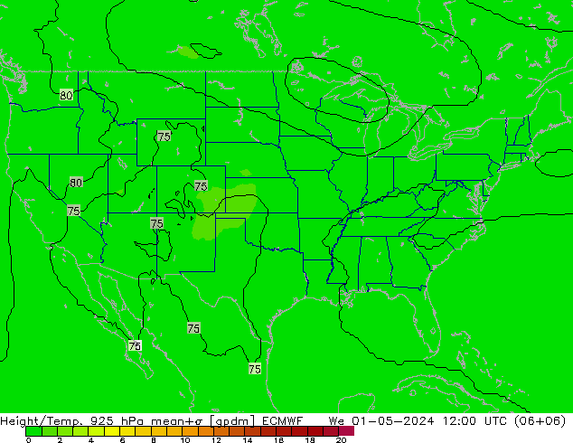 Height/Temp. 925 hPa ECMWF mer 01.05.2024 12 UTC