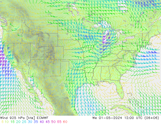 Vento 925 hPa ECMWF mer 01.05.2024 12 UTC