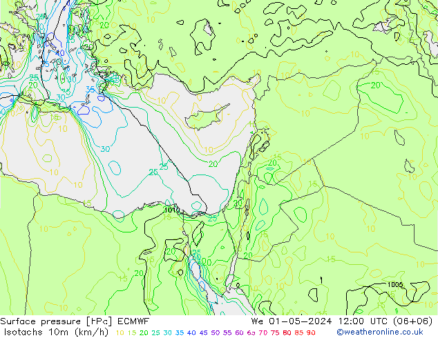 Isotachs (kph) ECMWF We 01.05.2024 12 UTC