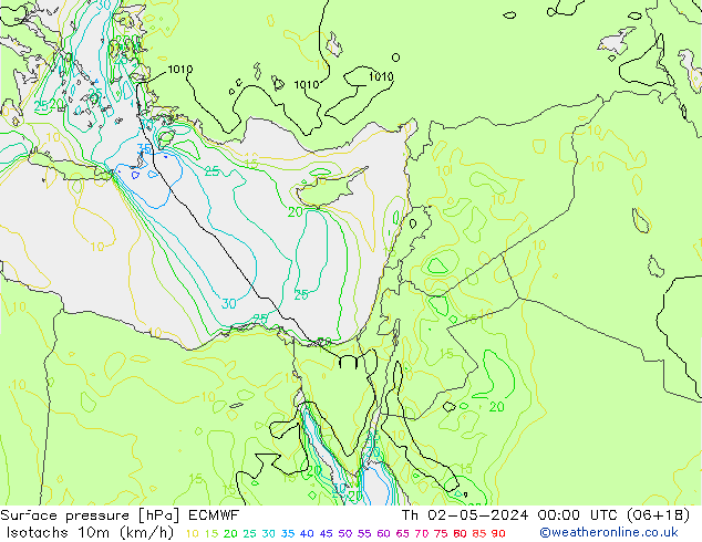 Isotaca (kph) ECMWF jue 02.05.2024 00 UTC