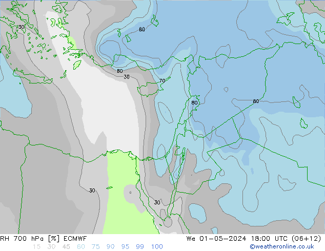 RH 700 hPa ECMWF Qua 01.05.2024 18 UTC