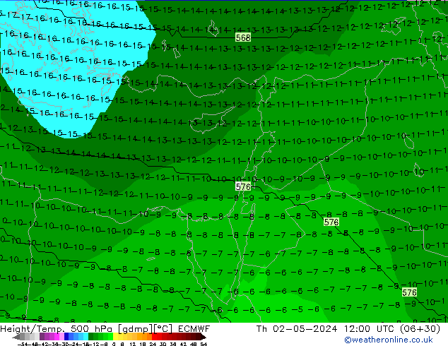 Height/Temp. 500 hPa ECMWF czw. 02.05.2024 12 UTC