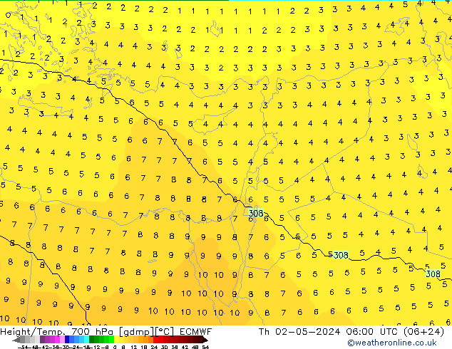 Height/Temp. 700 hPa ECMWF gio 02.05.2024 06 UTC