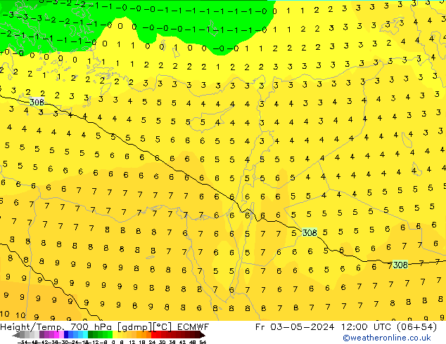 Height/Temp. 700 hPa ECMWF Fr 03.05.2024 12 UTC