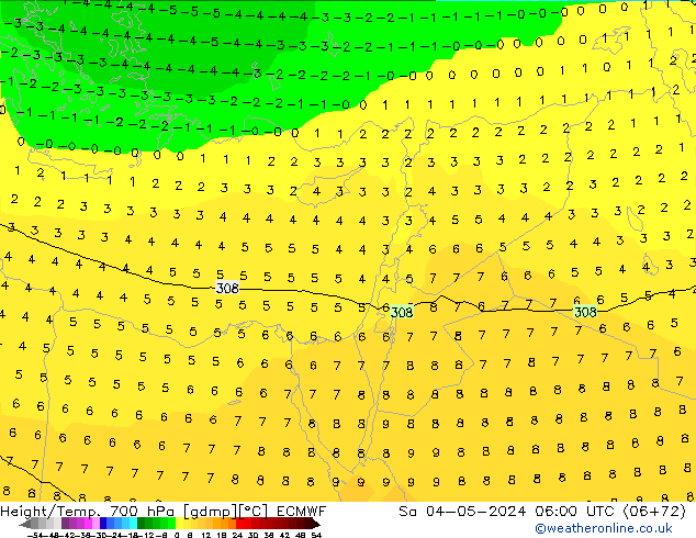 Height/Temp. 700 гПа ECMWF сб 04.05.2024 06 UTC