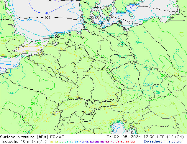 Isotachen (km/h) ECMWF Do 02.05.2024 12 UTC