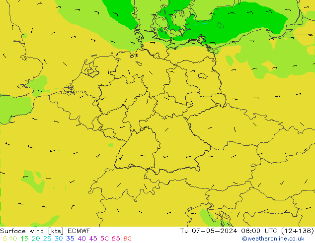 wiatr 10 m ECMWF wto. 07.05.2024 06 UTC