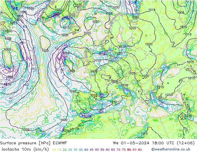 Isotachen (km/h) ECMWF Mi 01.05.2024 18 UTC